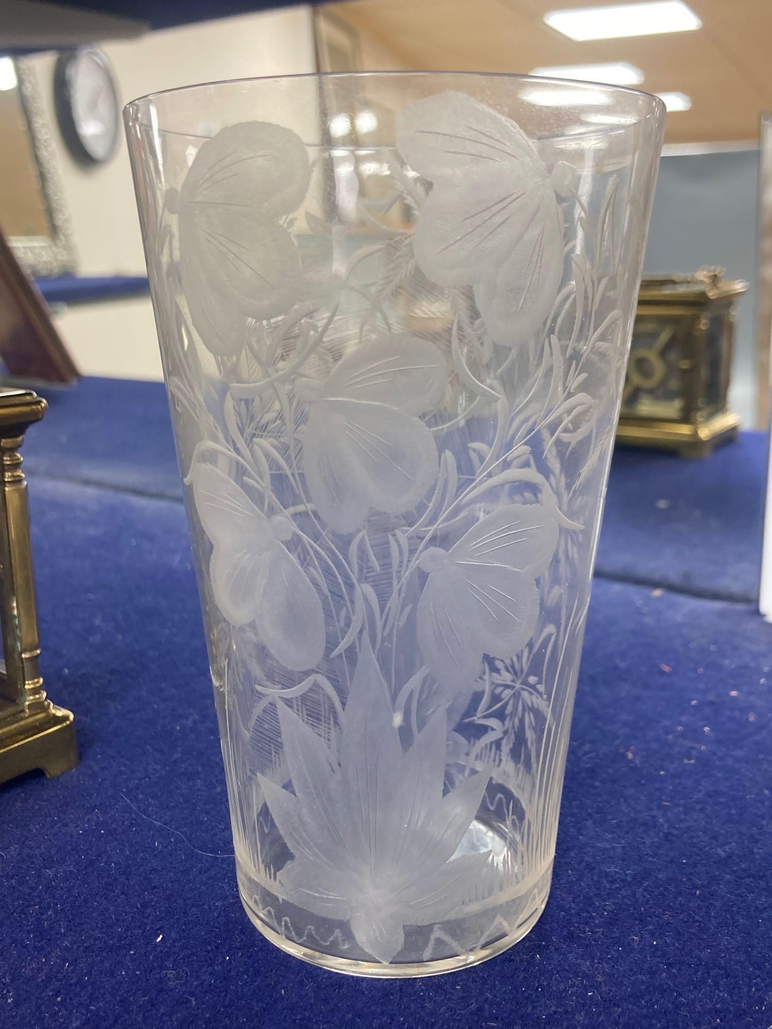 Three Stourbridge beaker shaped glasses, each engraved with a spider in a web, 14.5cm high